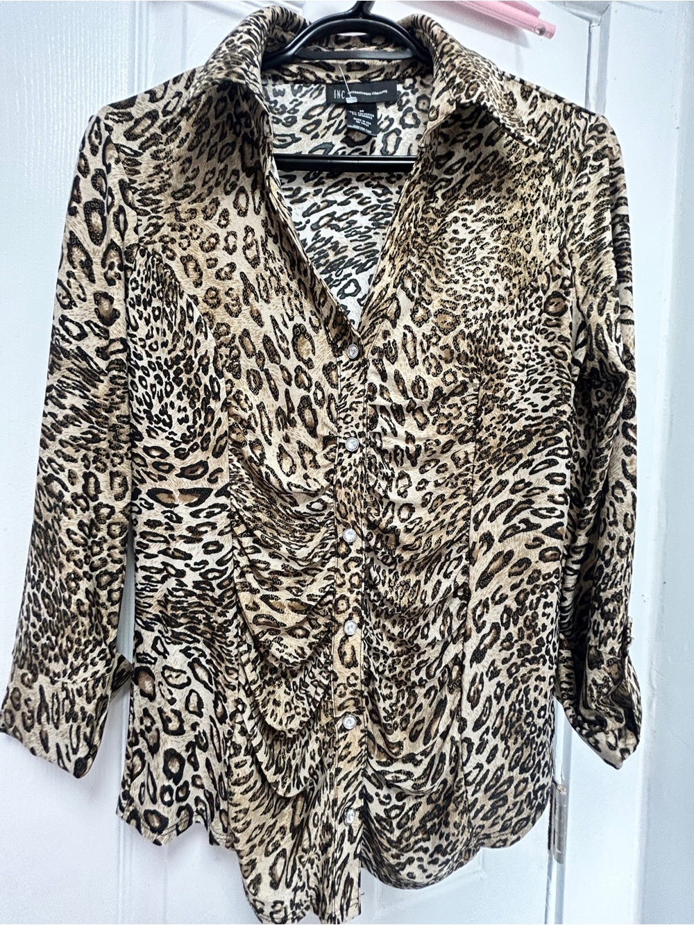 INC International Concepts Leopard-Print Button Front Shirt in Tan and Black